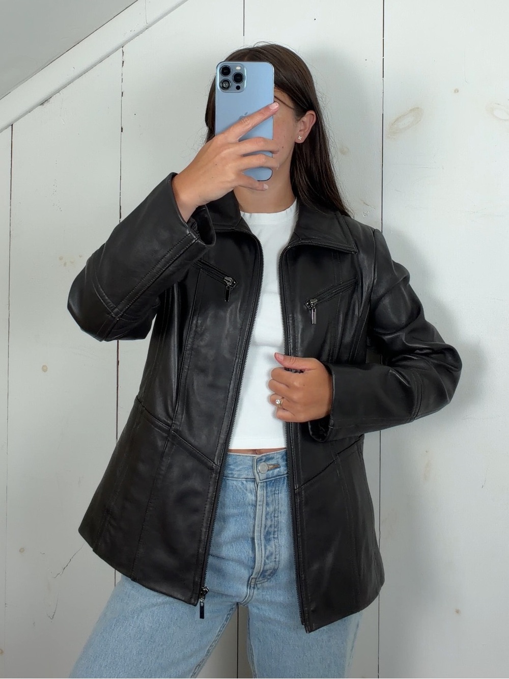 Vintage Bromley Black Leather Zip Up Jacket Women’s Size Large Funnel Neck Y2K
